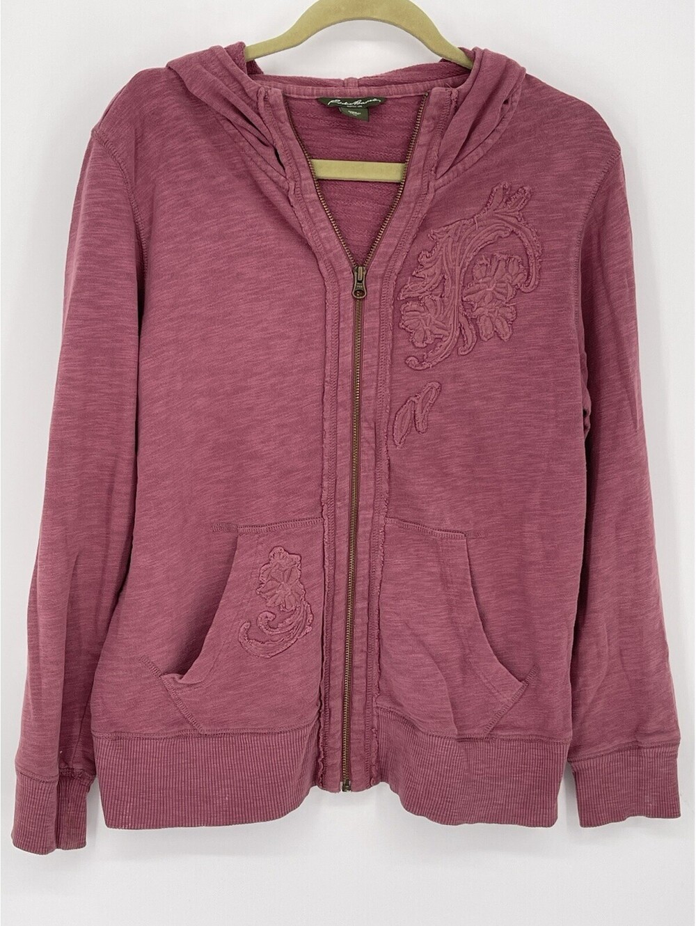 Eddie Bauer Hoodie Womens XL Mauve Rose Floral Embroidered Zip Cotton Y2K Jacket